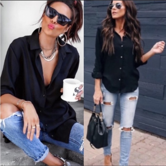 Black polo shirt button front long sleeve tops - Picture 1 of 5